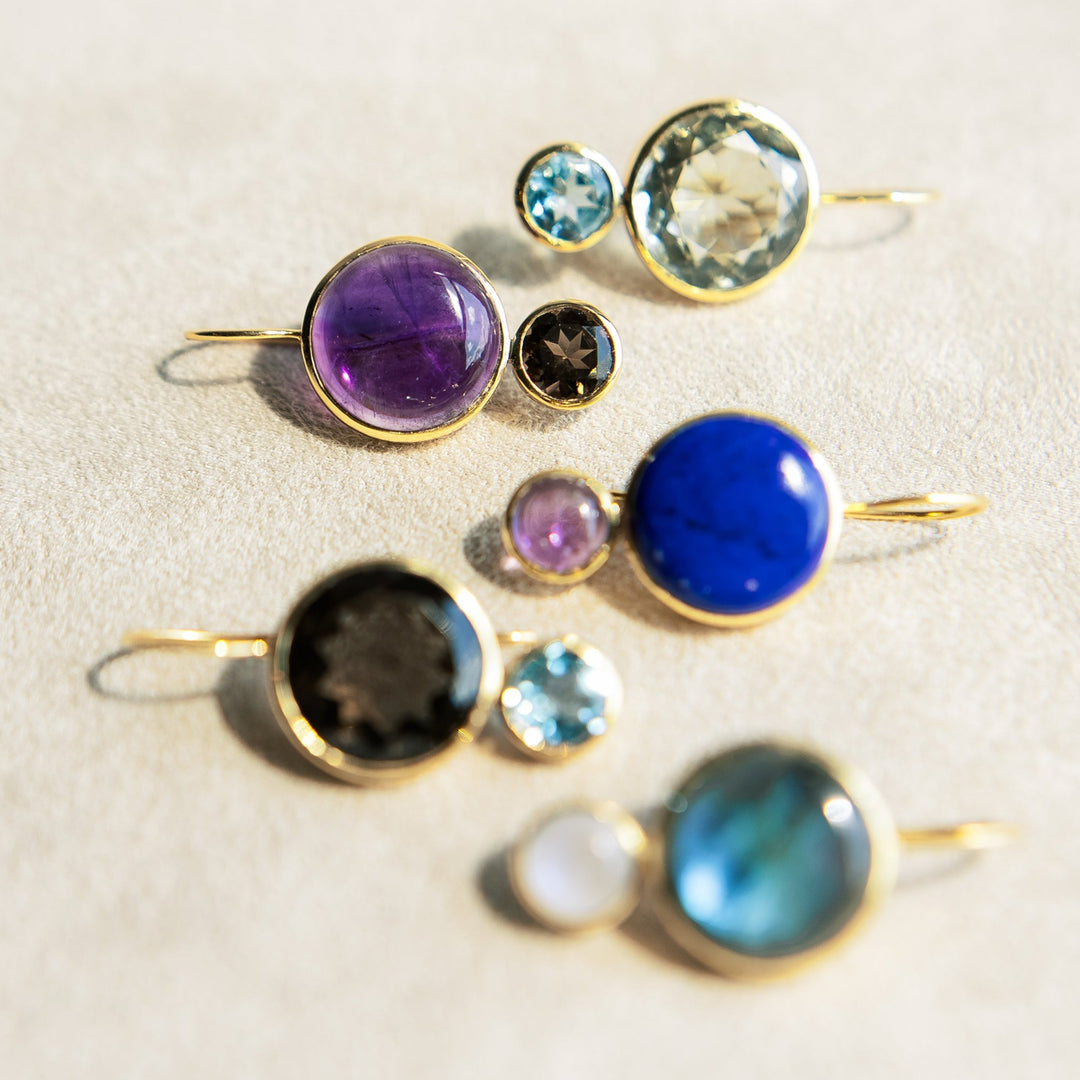 Color Block Drop Earrings in Amethyst and Faceted Smoky Quartz