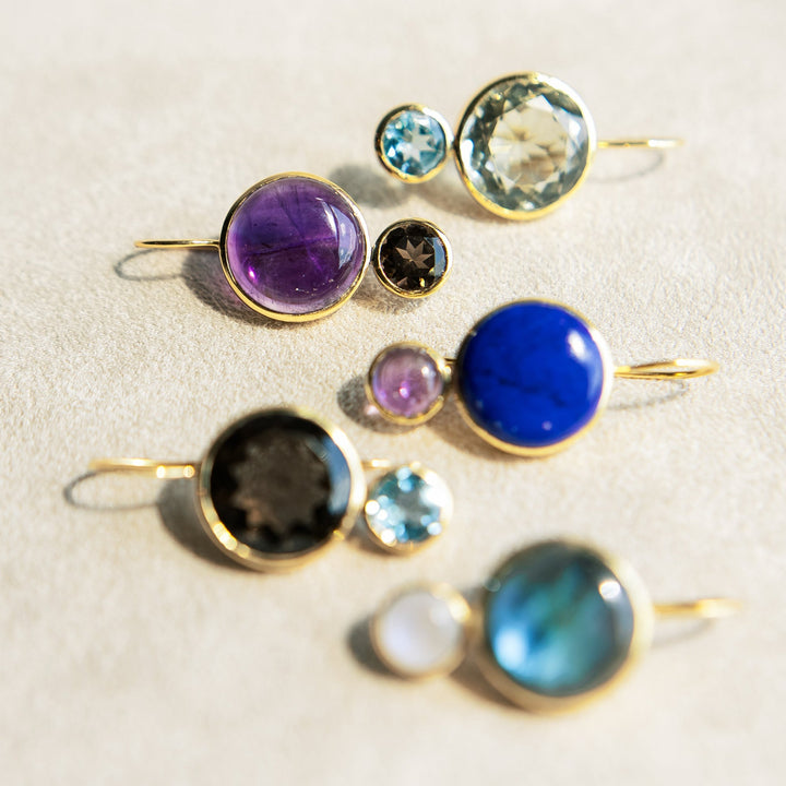 Color Block Drop Earrings in Amethyst and Faceted Smoky Quartz