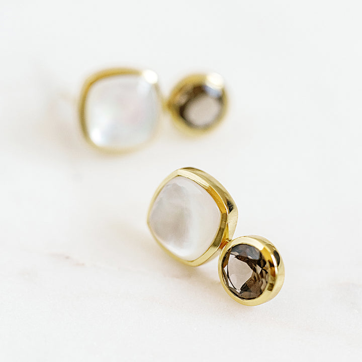 Color Block Stud Earrings in Mother of Pearl and Faceted Smoky Quartz