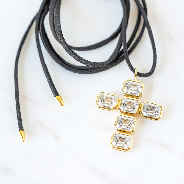 CZ Cross Charm Necklace on Velvet Cord