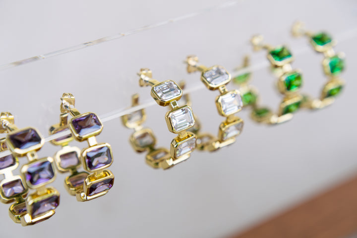 Gesu Hoop Earrings in Amethyst Cubic Zirconia and Yellow Gold