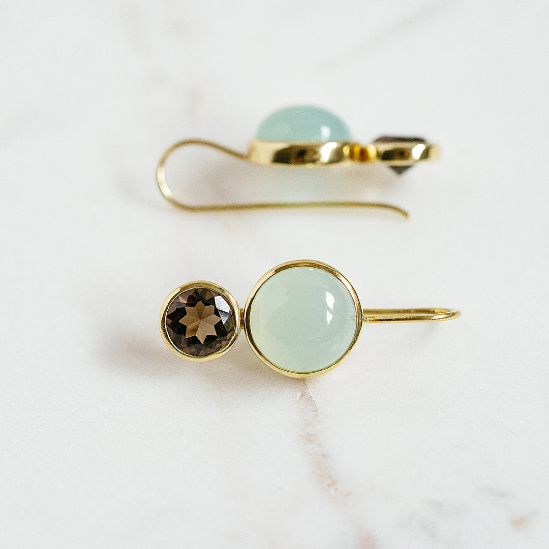 Little Color Block Drop Earrings in Aqua Chalcedony and Faceted Smoky Quartz